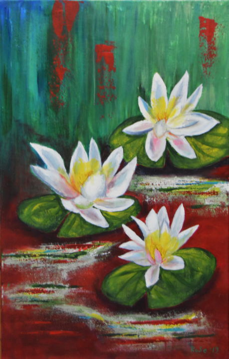 Painting titled "Waterlilies" by Rose, Original Artwork, Acrylic