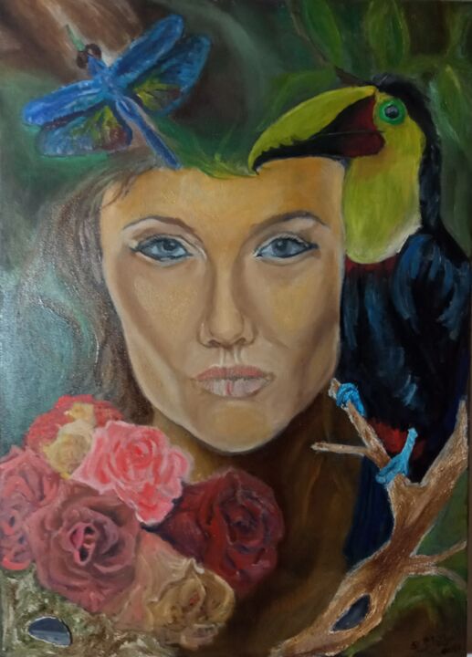 Painting titled "Žena v přírodě" by Robin Stříbný, Original Artwork, Oil