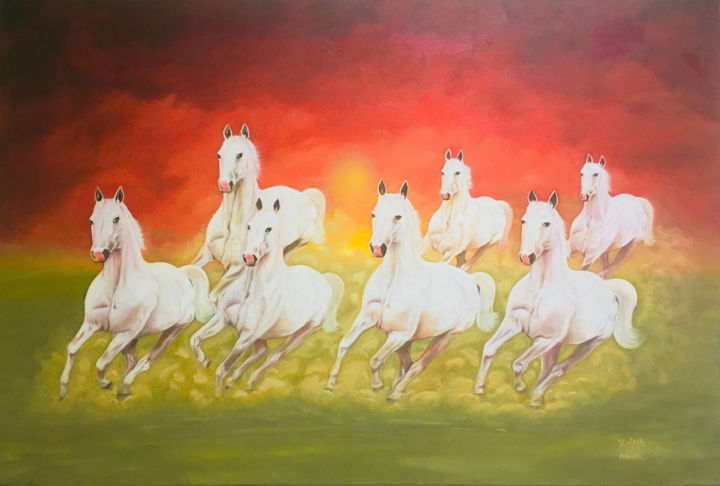 Картина под названием "Seven Horses" - Rajesh Sharma, Подлинное произведение искусства, Масло