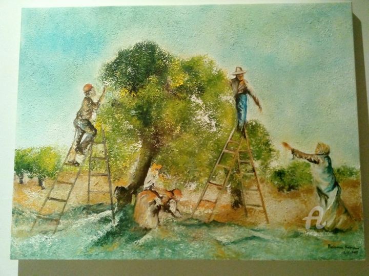 Peinture intitulée "La récolte des oliv…" par Rabaa Karaa, Œuvre d'art originale, Huile