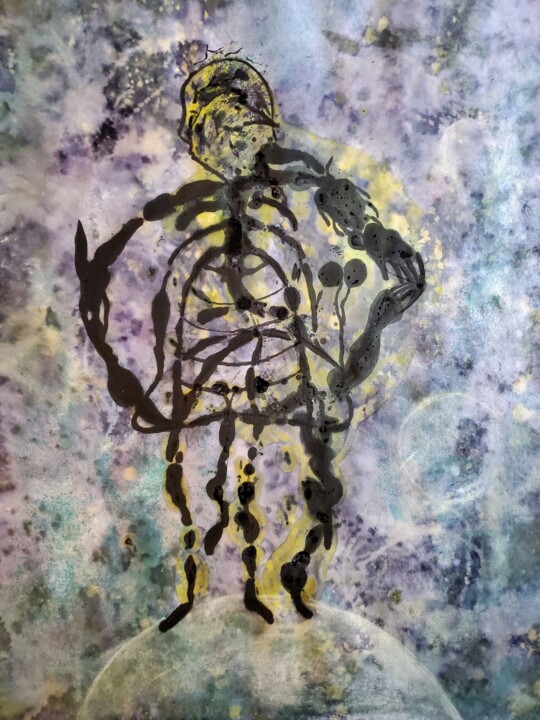 Painting titled "Homme cage assis su…" by Rbio, Original Artwork, Acrylic