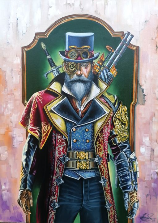 Painting titled "BOUNTY HUNTER" by Mihai-Adrian Raceanu, Original Artwork, Oil Mounted on Wood Stretcher frame