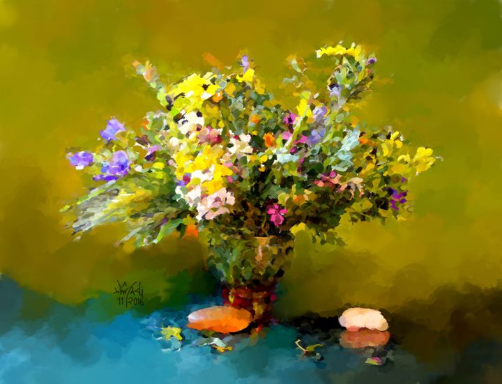 Digital Arts titled "Bouquet champêtre-2" by Rached Miladi (Le mutagraphe), Original Artwork, Digital Painting Mounted on Wo…