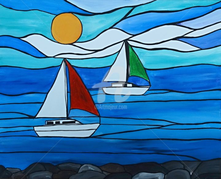 Painting titled "Sailboats on Saturd…" by Rachel Olynuk, Original Artwork, Acrylic