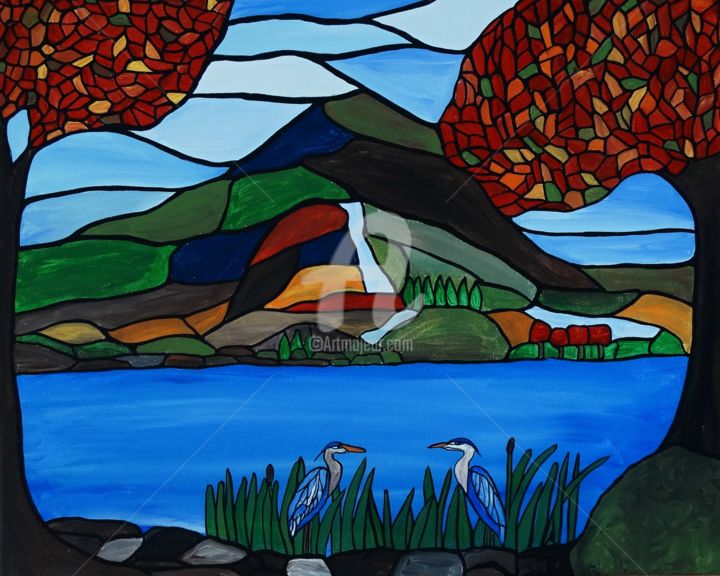 Painting titled "Autumn mountain" by Rachel Olynuk, Original Artwork, Acrylic