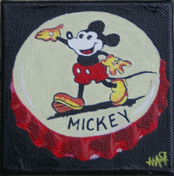 Painting titled "Mickey Mouse Bottle…" by Rachel Hammond, Original Artwork, Oil