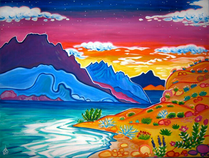 Painting titled "Lake Mojave Sunset" by Rachel Houseman, Original Artwork, Acrylic