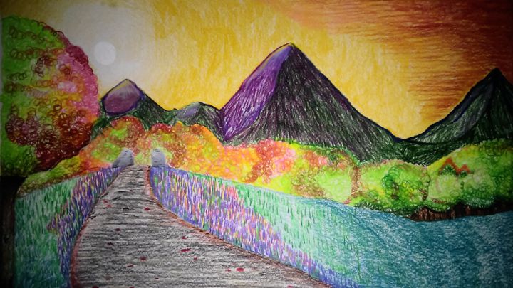 「Purple Hills」というタイトルの描画 Rachel Jacksonによって, オリジナルのアートワーク, 鉛筆