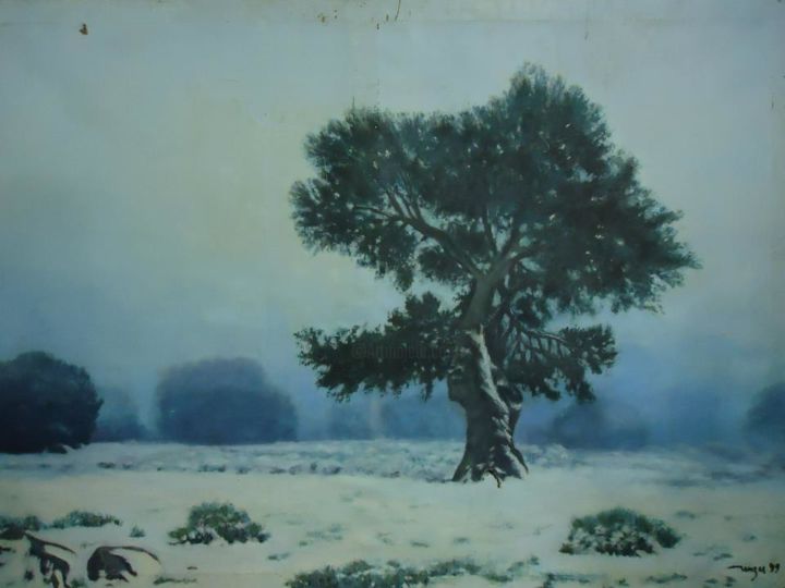 Peinture intitulée "neige et brouillard" par Rachid Menzer, Œuvre d'art originale,
