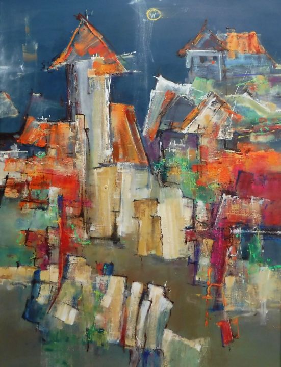 Painting titled "Sleeping city" by Martin Racko, Original Artwork, Oil Mounted on Cardboard