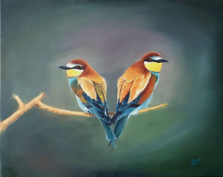Картина под названием "Две птицы" - Kseniya Shkaraput, Подлинное произведение искусства, Масло