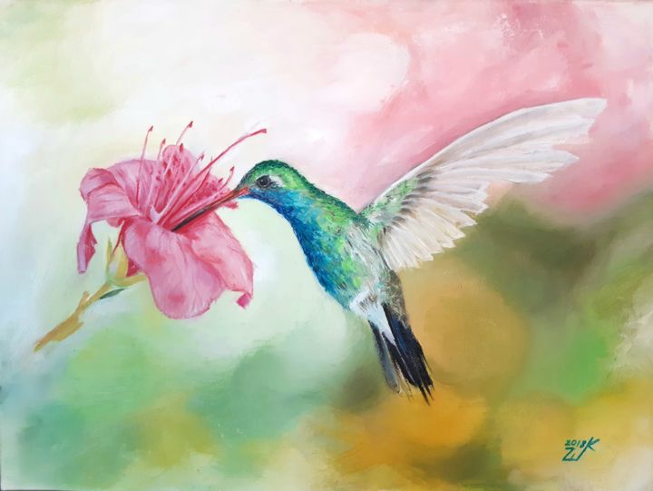 Картина под названием "Колибри и цветок" - Kseniya Shkaraput, Подлинное произведение искусства, Масло