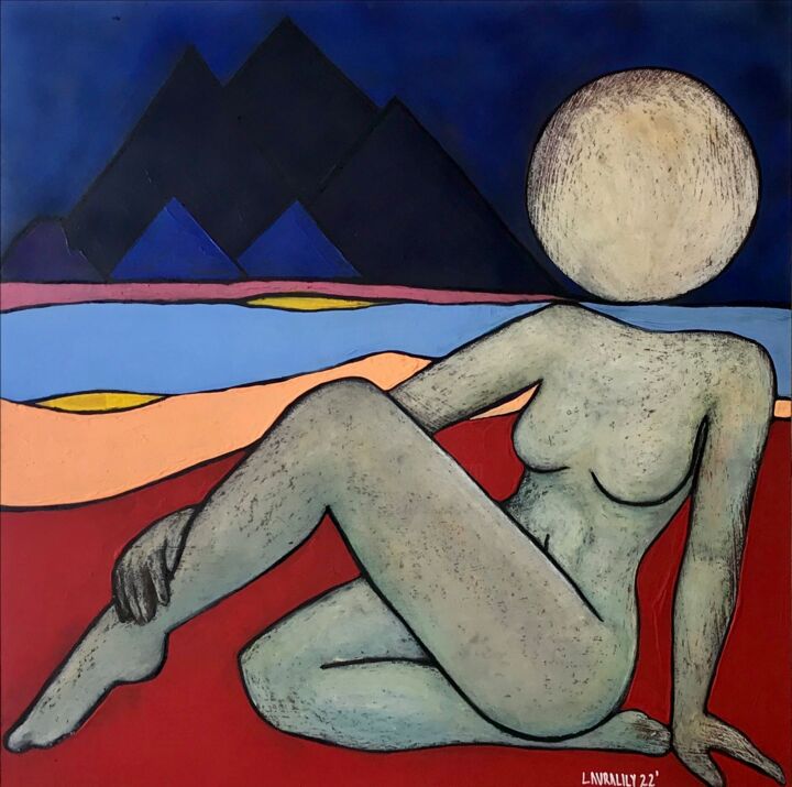 Painting titled "Fullmoon over Giza" by Laura Lili Rácz, Original Artwork, Acrylic Mounted on Wood Panel