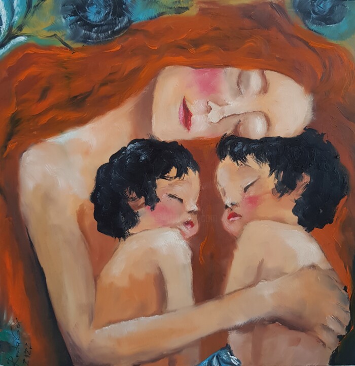 Malerei mit dem Titel "Mother and Twins Oi…" von Rada Gor, Original-Kunstwerk, Öl