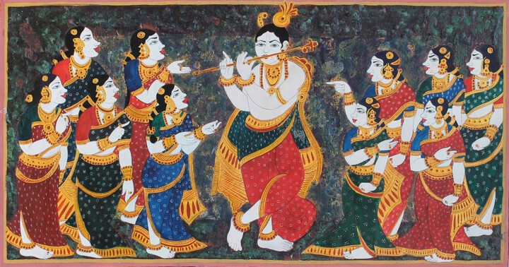 Painting titled ""Krishna playing fl…" by Radhika G, Original Artwork, Acrylic
