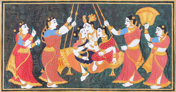 Painting titled "“Krishna on swing”…" by Radhika G, Original Artwork, Acrylic