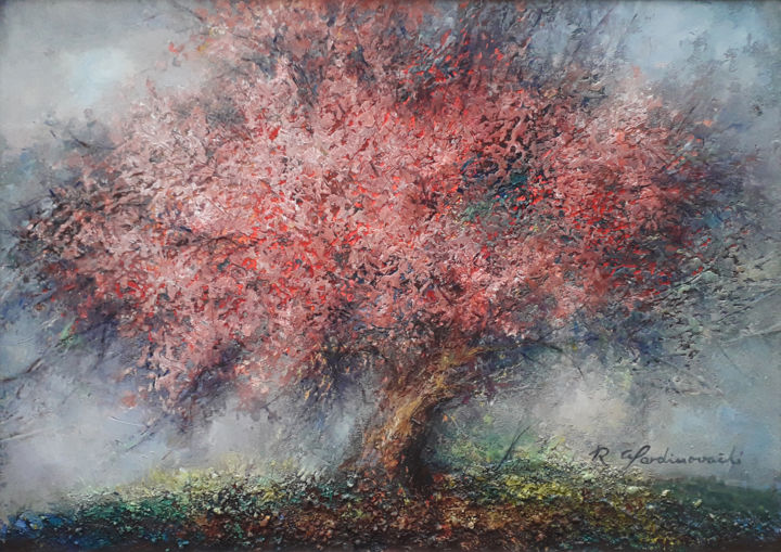 Painting titled "cherry-tree-flowers…" by Radinka Gardinovacki, Original Artwork, Oil