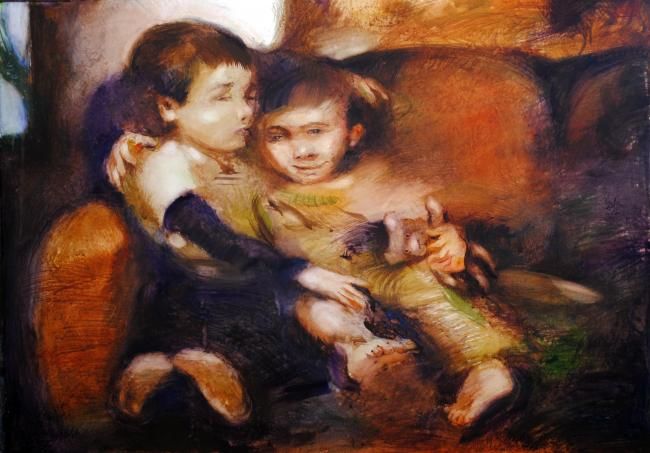 Malerei mit dem Titel "couch buddies" von Gregory Radionov, Original-Kunstwerk, Öl