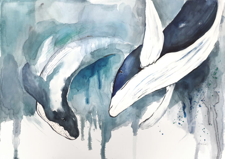 Ζωγραφική με τίτλο "Whales watercolor a…" από Anna Radis (Anna Radis Art), Αυθεντικά έργα τέχνης, Ακουαρέλα
