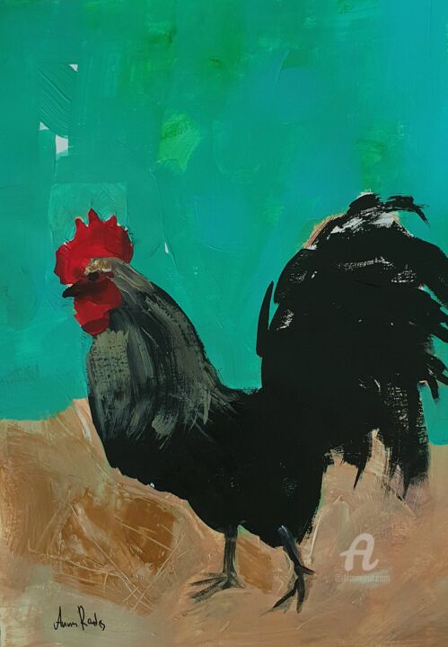 Painting titled "Black Rooster" by Anna Radis (Anna Radis Art), Original Artwork, Acrylic