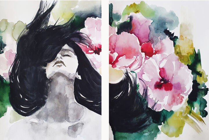 Картина под названием "Woman and flowers" - Anna Radis (Anna Radis Art), Подлинное произведение искусства, Акварель