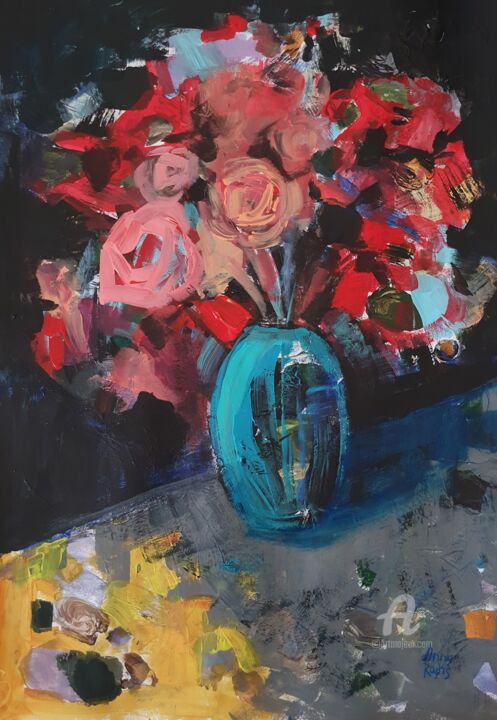Pintura intitulada "Turquoise vase" por Anna Radis (Anna Radis Art), Obras de arte originais, Acrílico