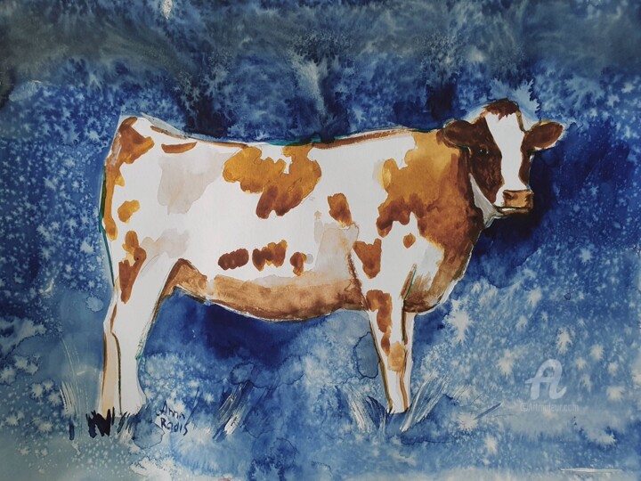 Painting titled "Cow in the night" by Anna Radis (Anna Radis Art), Original Artwork, Watercolor
