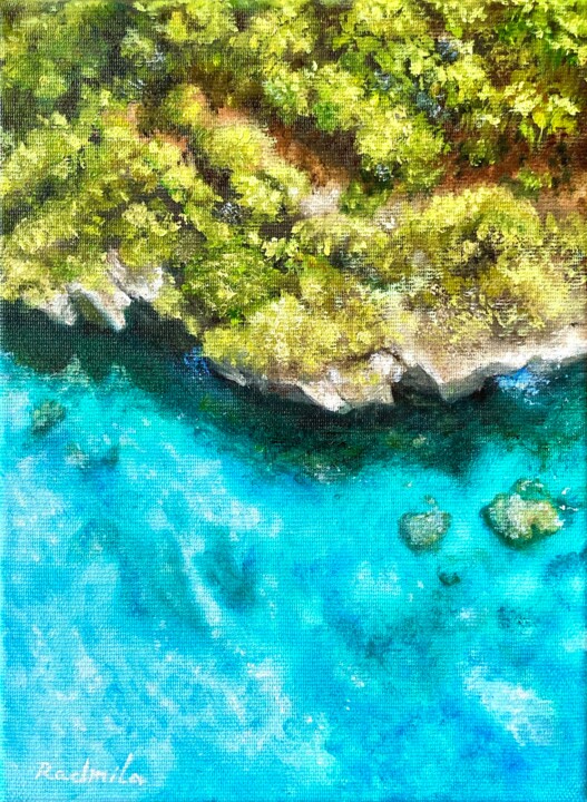 Schilderij getiteld "Curaçao beach" door Radmila Lipska, Origineel Kunstwerk, Olie Gemonteerd op Frame voor houten brancard