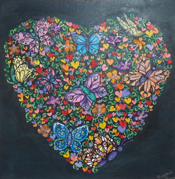 Painting titled "Hearty Butterflies" by Raeshel Lloyd, Original Artwork, Acrylic