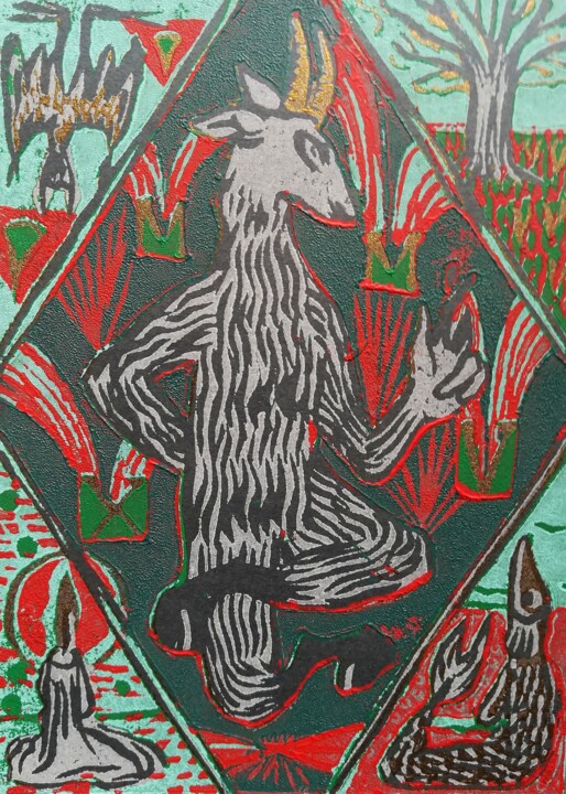 Incisioni, stampe intitolato "goat" da Rafael Akahira, Opera d'arte originale, Xilografia