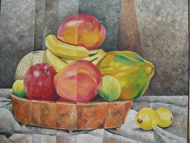 Painting titled "Frutero con mangos" by Rafael Mazon, Original Artwork, Oil