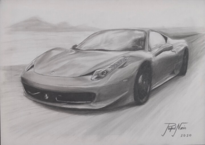 Desenho intitulada "Ferrari 458" por Rafael Neris, Obras de arte originais, Grafite Montado em Armação em madeira