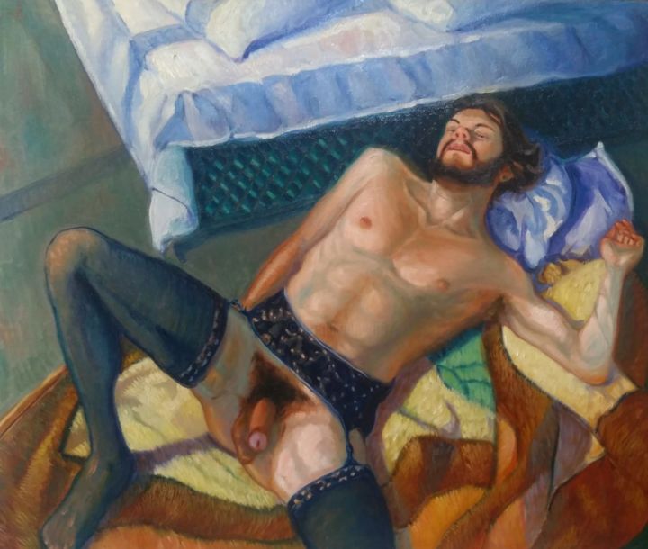 Pintura intitulada ""Man lying on the b…" por Rafael Ramineli, Obras de arte originais, Óleo