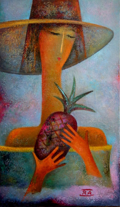 Ζωγραφική με τίτλο "girl-with-pineapple…" από Rafail Aliyev, Αυθεντικά έργα τέχνης, Λάδι