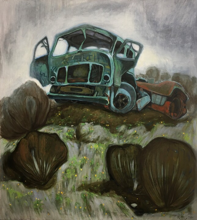 Pintura intitulada "''Old car''1" por Raffi Ghazaryan, Obras de arte originais, Óleo Montado em Armação em madeira