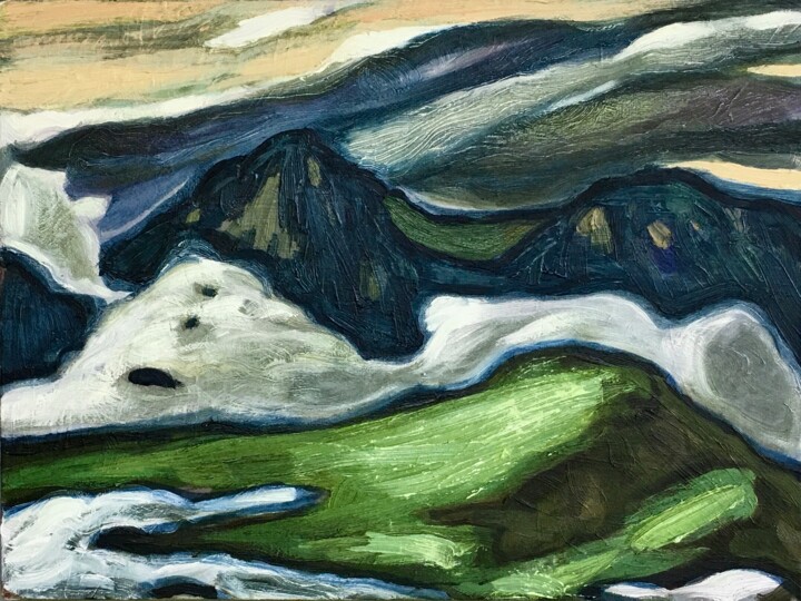 Painting titled "''Misty mountains''" by Raffi Ghazaryan, Original Artwork, Oil Mounted on Wood Stretcher frame