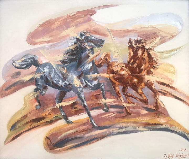 Painting titled "Horses (50x80cm, oi…" by Raffik Qeshishyan, Original Artwork, Oil Mounted on Wood Stretcher frame
