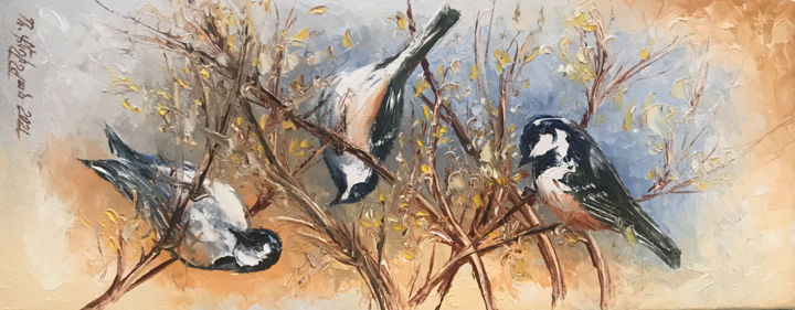 Painting titled "Three sparrow (19x4…" by Raffik Qeshishyan, Original Artwork, Oil Mounted on Wood Stretcher frame