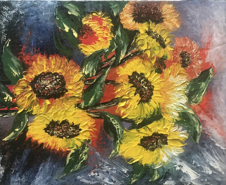 Painting titled "Sunflowers (40x50cm…" by Raffik Qeshishyan, Original Artwork, Oil Mounted on Wood Stretcher frame