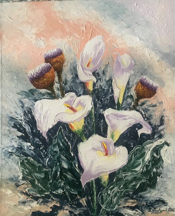 Painting titled "Callas (50x60cm, oi…" by Raffik Qeshishyan, Original Artwork, Oil Mounted on Wood Stretcher frame