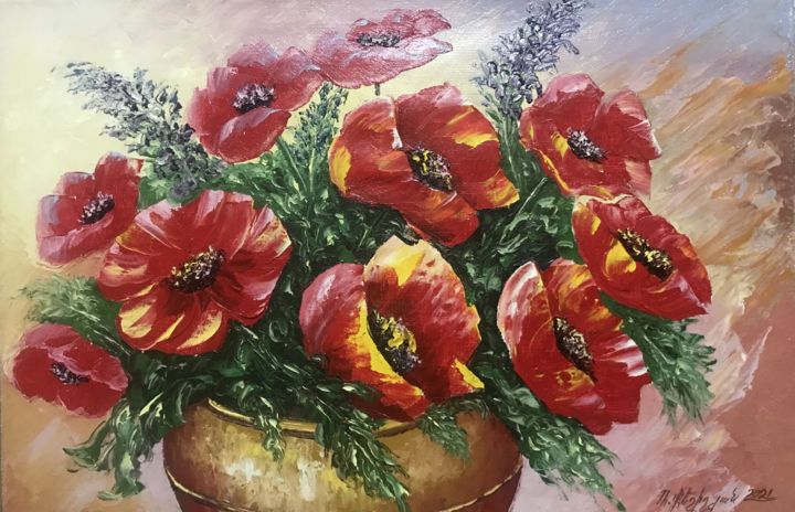 Картина под названием "Red poppies (40x60c…" - Raffik Qeshishyan, Подлинное произведение искусства, Масло Установлен на Дере…