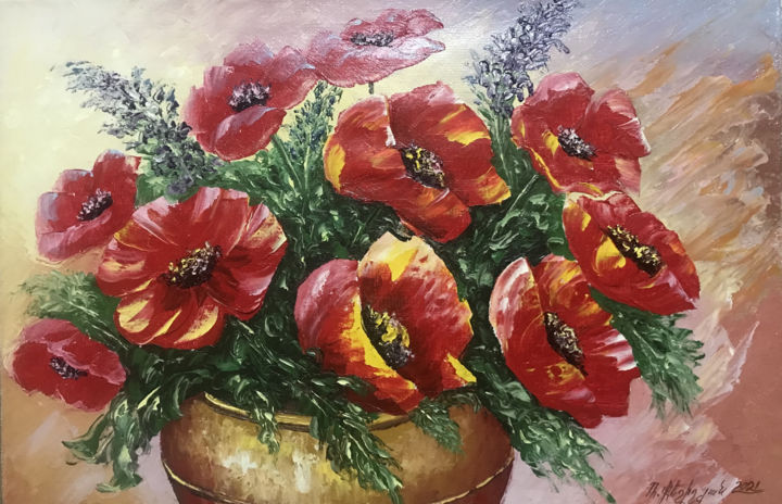 Painting titled "Red poppies (40x60c…" by Raffik Qeshishyan, Original Artwork, Oil Mounted on Wood Stretcher frame