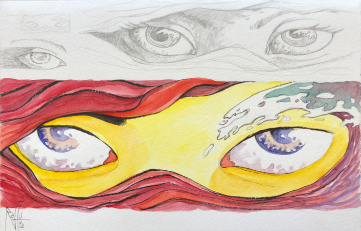 Tekening getiteld "Regard Pourpre" door Raffu, Origineel Kunstwerk, Aquarel