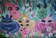 Schilderij getiteld "girafes et hippopot…" door Patricia Bernard, Origineel Kunstwerk, Olie