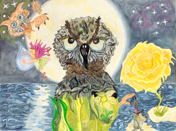 Painting titled "Eule bei Vollmond (…" by Agnia Werbitzky, Original Art, Watercolor