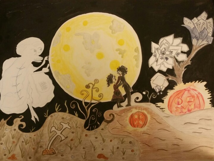 Peinture intitulée "Love on Halloween,…" par Agnia Werbitzky, Œuvre d'art originale, Aquarelle