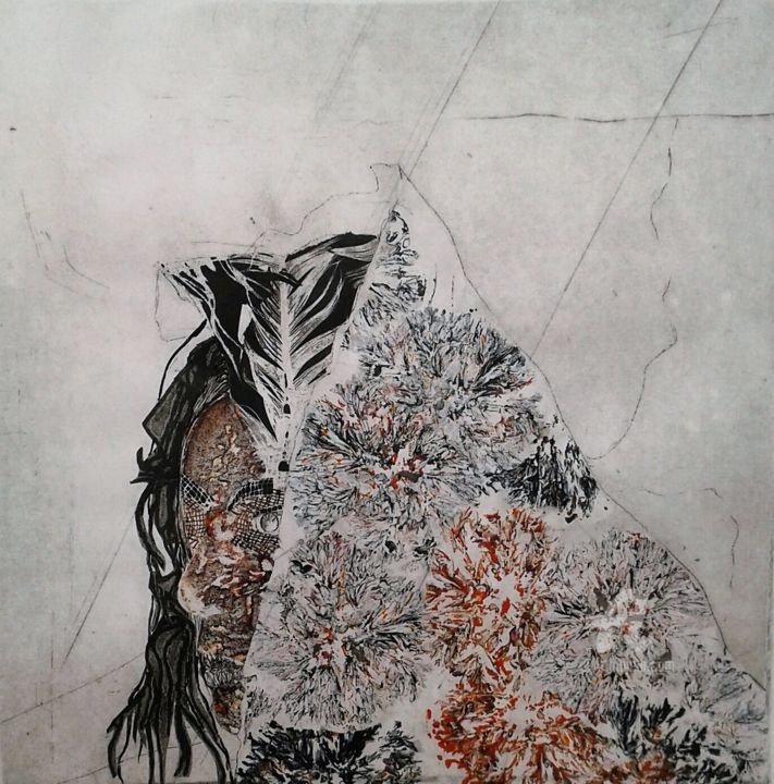 Gravures & estampes intitulée "MORT" par Rahma Neili, Œuvre d'art originale, Collagraphie