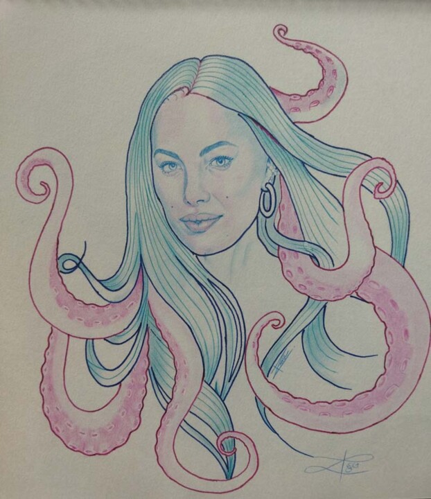 Dessin intitulée "Octopus mom" par Rahul Shakya, Œuvre d'art originale, Crayon