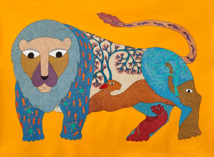 Schilderij getiteld "Lion" door Rahul Shyam, Origineel Kunstwerk, Acryl