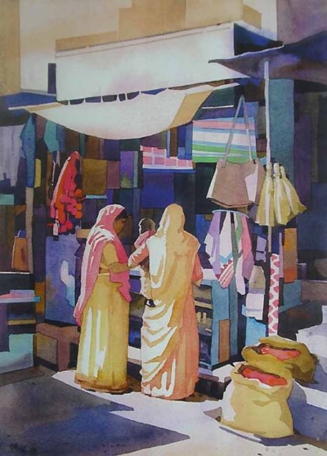 Картина под названием "Shop in Jaisalmer" - Rahul Deshpande, Подлинное произведение искусства, Масло